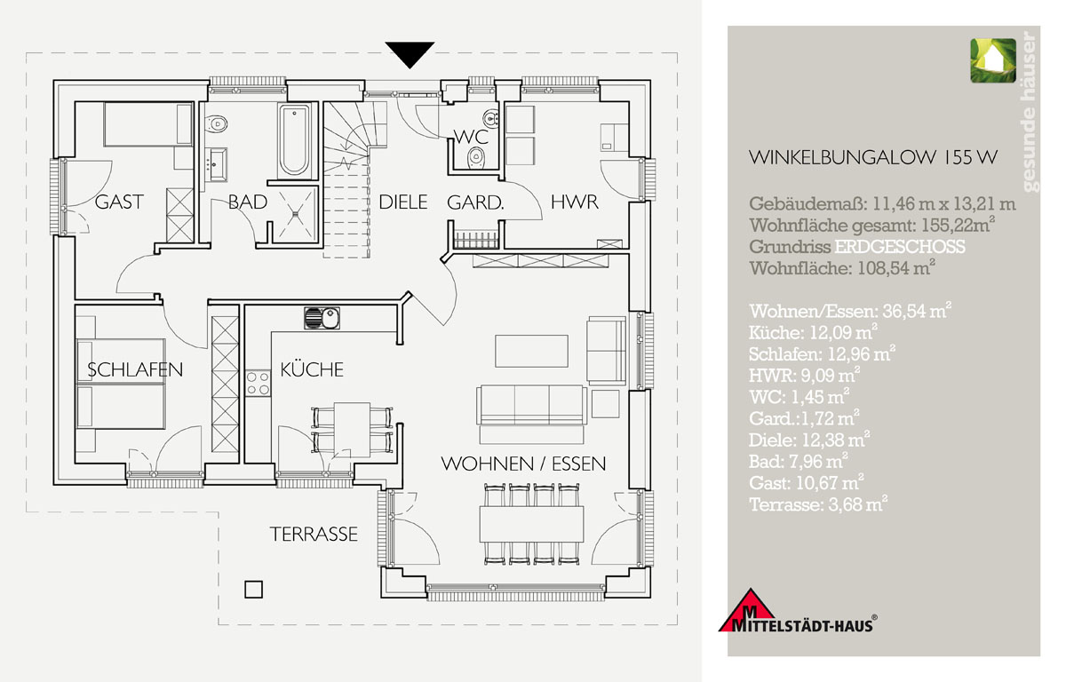 Grundriss des Erdgeschoss eines Bungalow mit rund 110 m² und 4 Zimmern